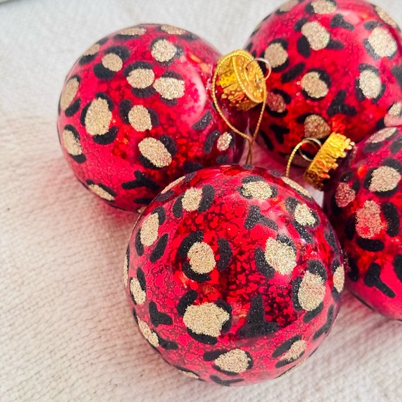 Vintage Other - 4 Vintage Glass Red Gold & Black Glitter Leopard Christmas Tree Ornaments
